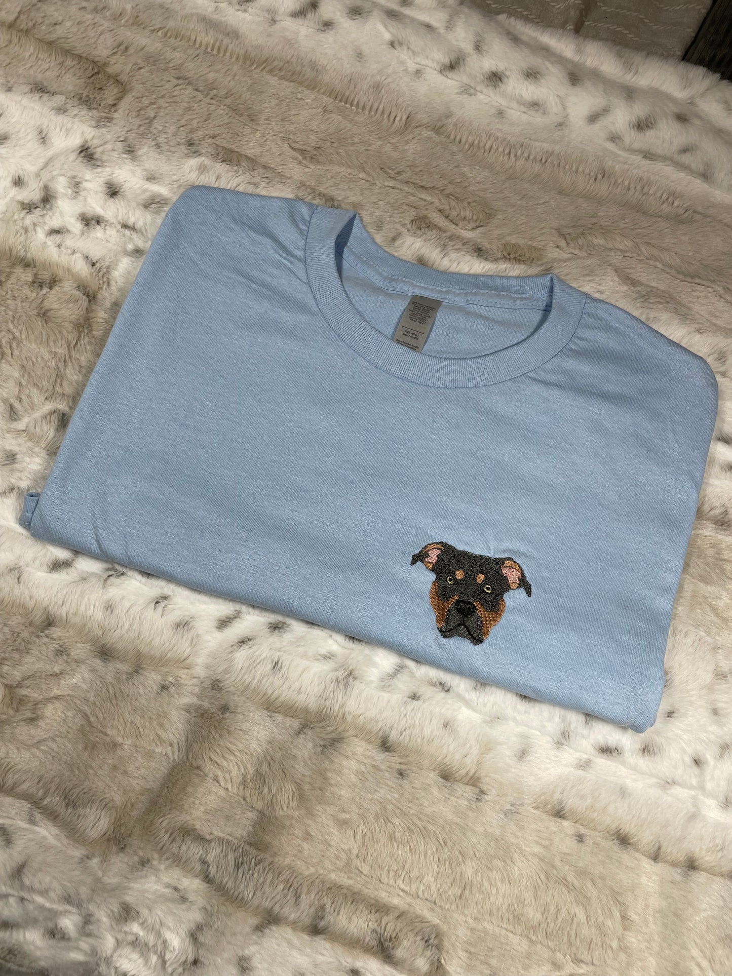 Pet portrait Tshirt with pets name on sleeve