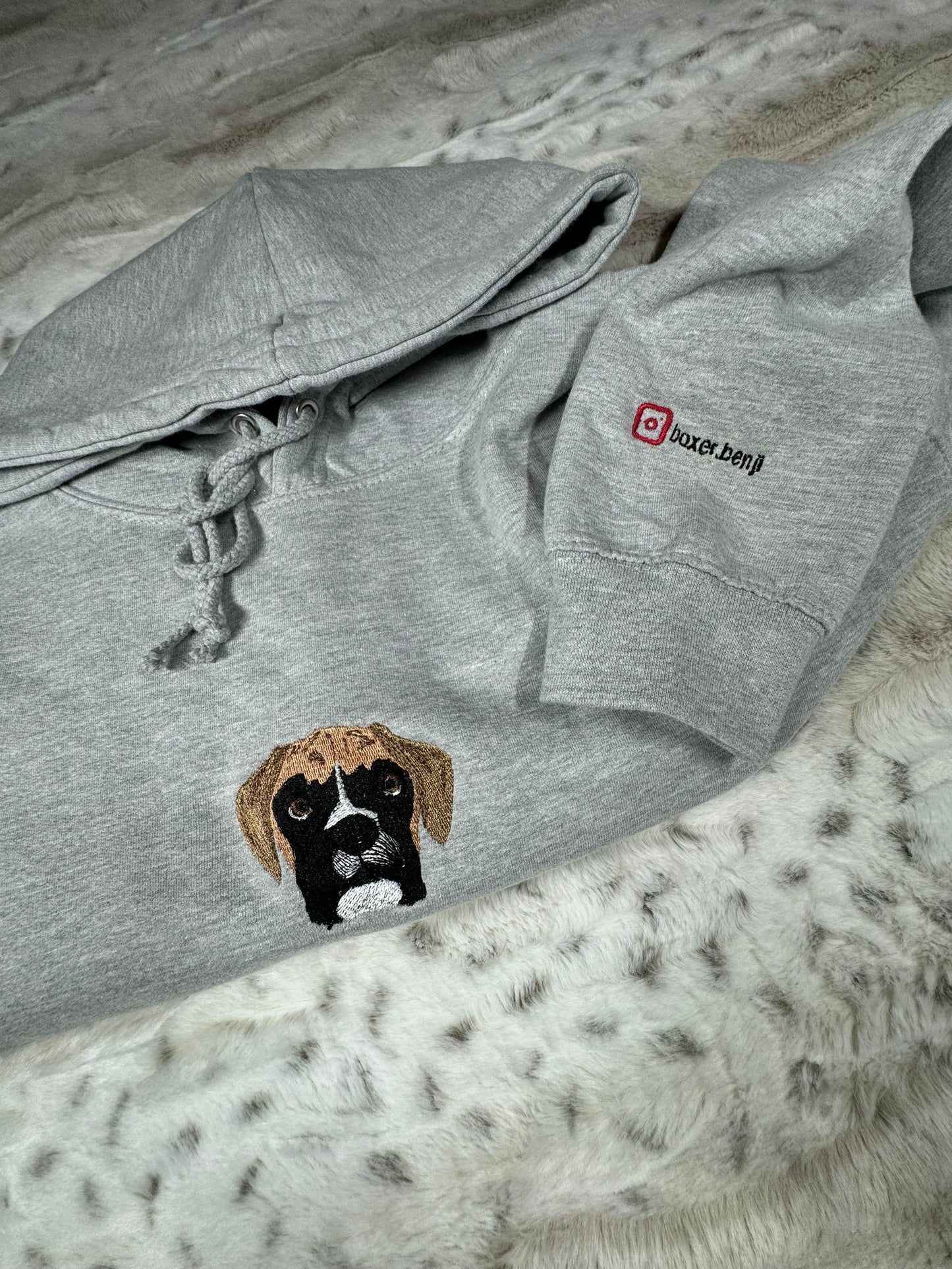 Adult Pet Portrait Hoodie with pet name on sleeve.