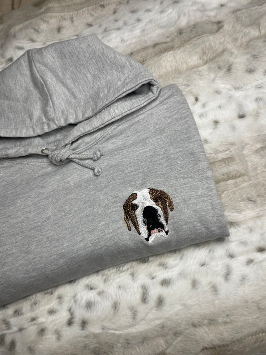 Adult Pet Portrait Hoodie with pet name on sleeve.